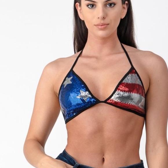 Red White Blue Stars Stripes Sequin Bikini Top - Picture 2 of 5